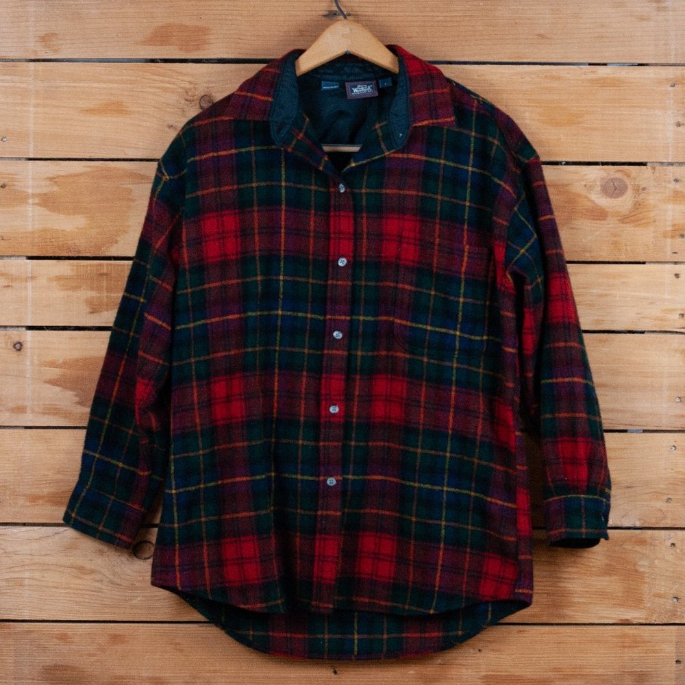 Vintage 80s Woolrich Plaid Wool Blend Button Down Shirt- Made in USA